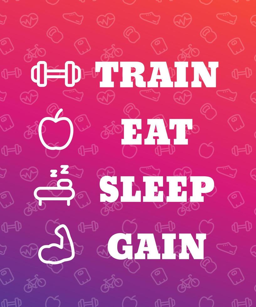 allenarsi, mangiare, dormire, guadagnare, poster vettoriale per palestra con fitness, icone di allenamento