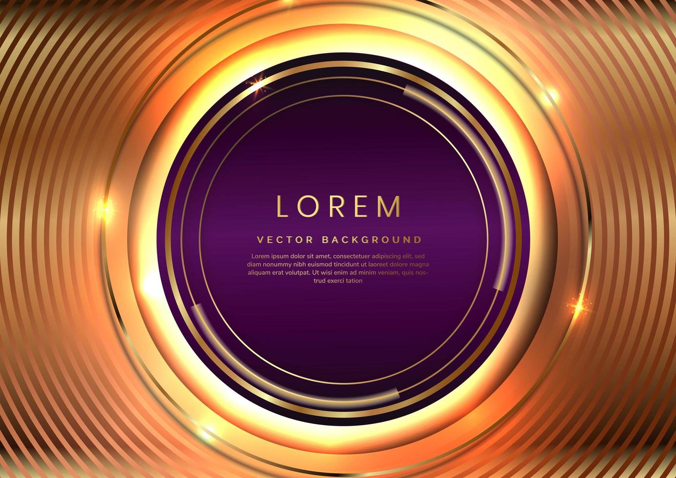 elegante cornice circolare viola astratta con luce dorata scintillante e linee circolari dorate su sfondo dorato. concetto di lusso. vettore