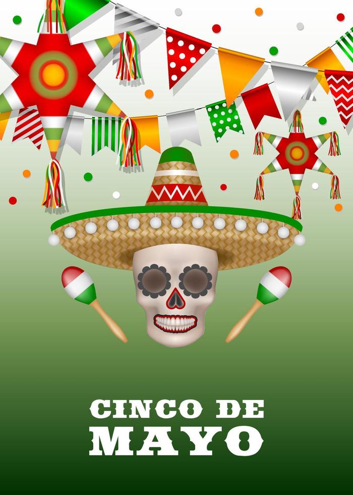 poster di cinco de mayo con gagliardetti pinatas e teschio con sombrero e maracas vettore