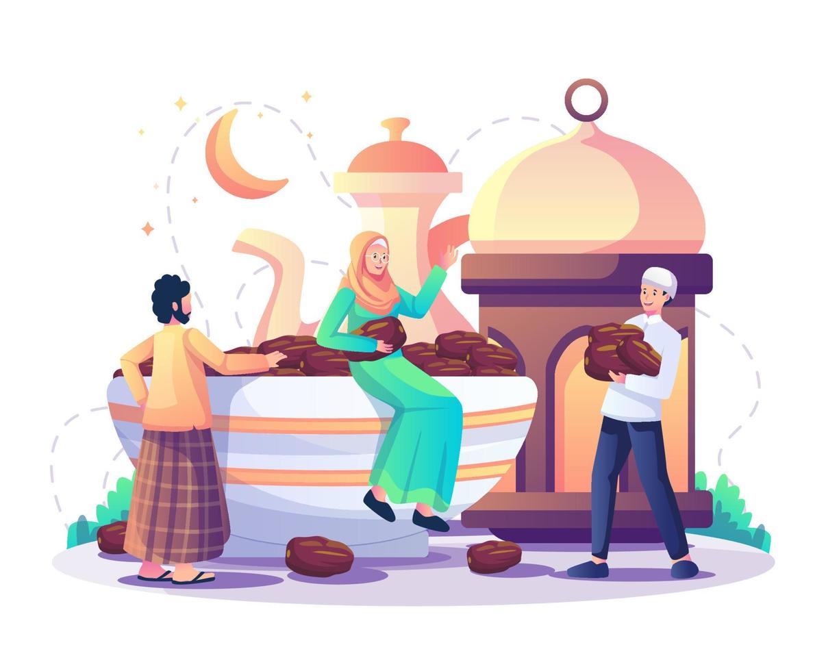 i musulmani si stanno preparando per la celebrazione della festa dell'iftar dopo aver digiunato il ramadan kareem. datteri dolci in una ciotola, lanterna islamica e tazza da caffè araba. illustrazione vettoriale in stile piatto
