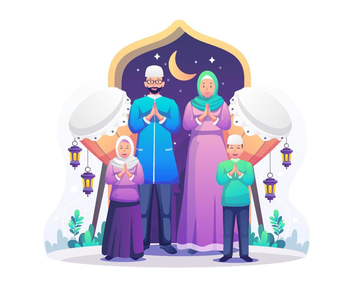 felice famiglia musulmana che saluta ramadan kareem e celebra eid mubarak. i musulmani augurano e salutano eid al-fitr. illustrazione vettoriale in stile piatto