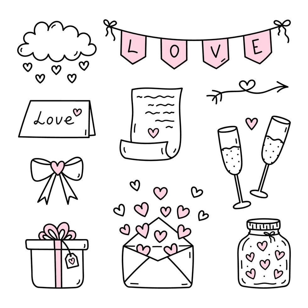 simpatico set di scarabocchi per San Valentino: bicchieri di champagne, lettere d'amore, buste con cuori, regali e altro. illustrazione disegnata a mano di vettore. perfetto per i disegni delle vacanze, adesivi, decorazioni. vettore