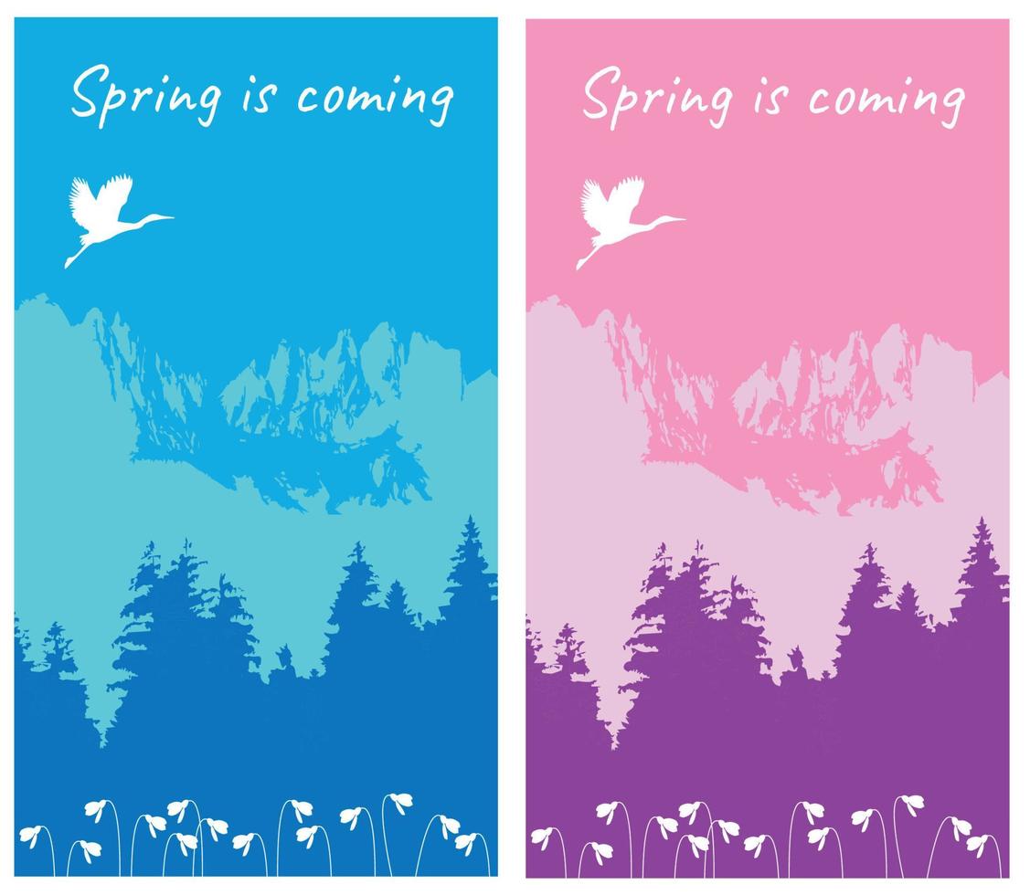 set di post modello nei colori blu e rosa, l'iscrizione. la primavera sta arrivando. adatto per la pubblicazione sui social media e la pubblicità online vettore