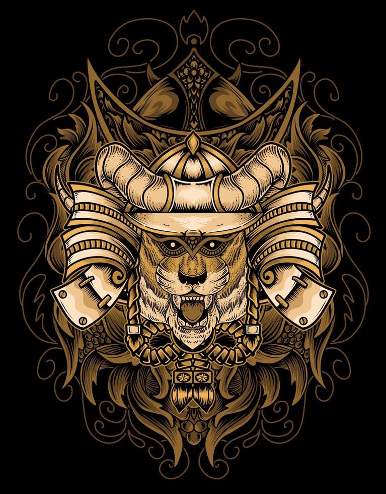 illustrazione testa di samurai tigre con ornamento incisione vettore