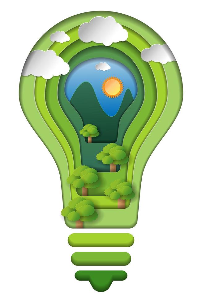 concetto di idea creativa di risparmio energetico, carta intagliata di lampadina con ambiente ecologico verde, illustrazione vettoriale, stile artistico della carta di conservazione. vettore