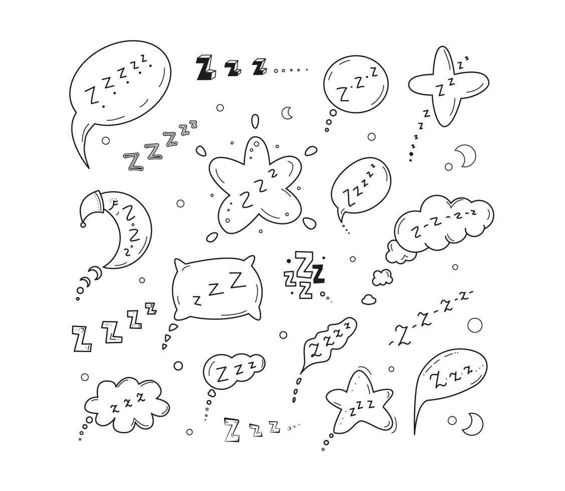 set di icone di doodle di notte di sonno zzz. illustrazioni di simbolo assonnato disegnato a mano carino in stile fumetto abbozzato. segni addormentati di arte di linea di vettore isolati su priorità bassa bianca