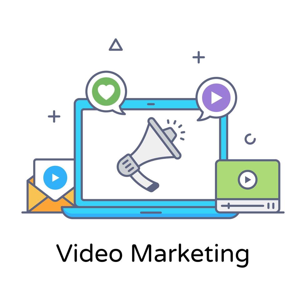 marketing video, icona del concetto di contorno piatto di marketing sui social media vettore