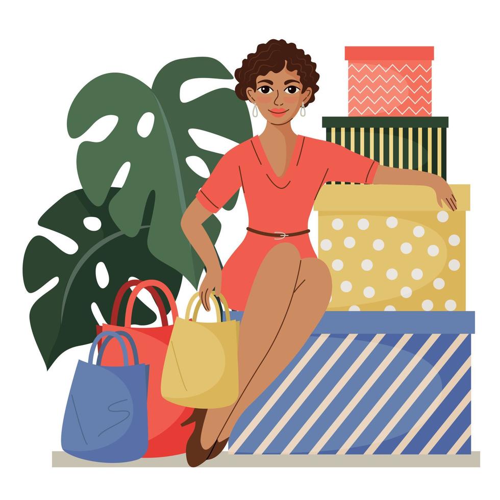 una donna è seduta su scatole di cartone. ci sono borse della spesa accanto a lei. il concetto di vendita e shopping. vettore