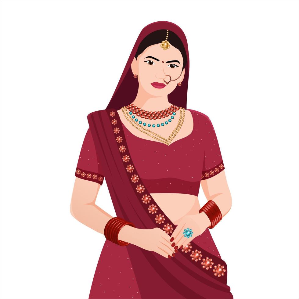 donna nel tradizionale look da sposa indiano, illustrazione vettoriale del personaggio della sposa indiana su sfondo bianco.