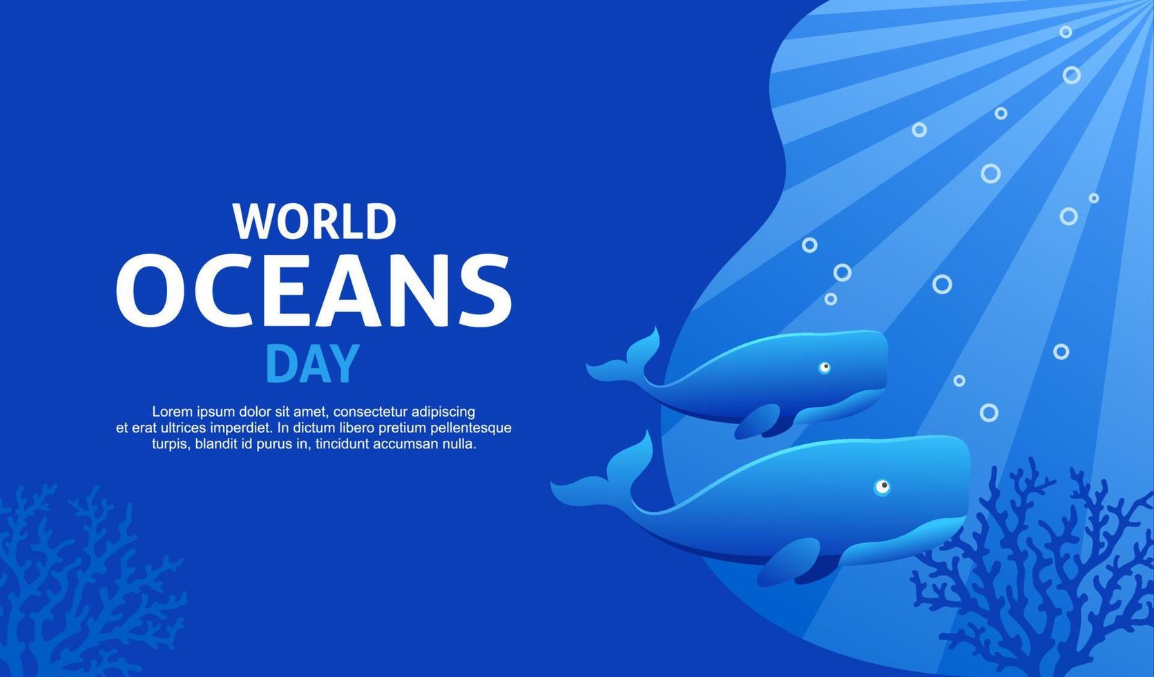 sfondo della giornata mondiale degli oceani con temi blu e balena vettore