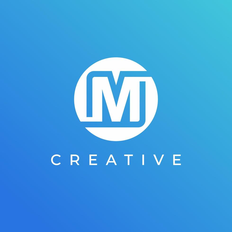 modello di progettazione logo lettera m con colore bianco e sfondo blu vettore