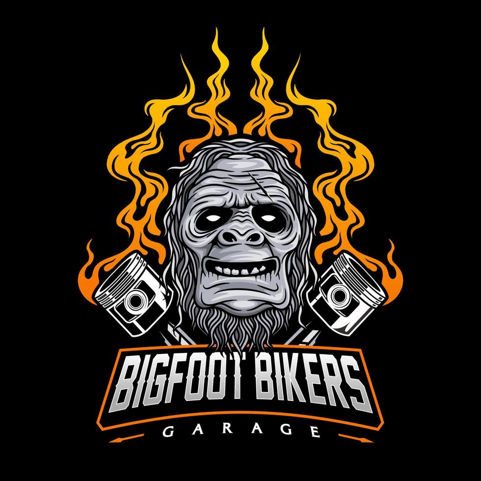 logo del club motociclistico con illustrazione di bigfoot e pistone vettore