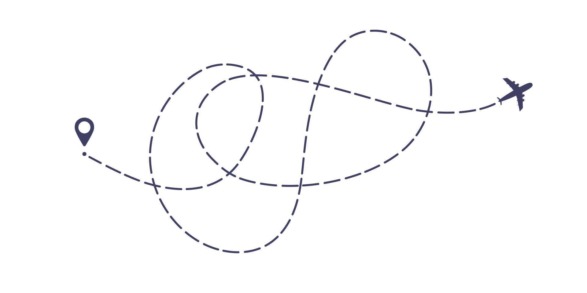 illustrazione vettoriale di disegno in stile piatto del percorso della linea tratteggiata dell'aeroplano isolata su sfondo bianco.