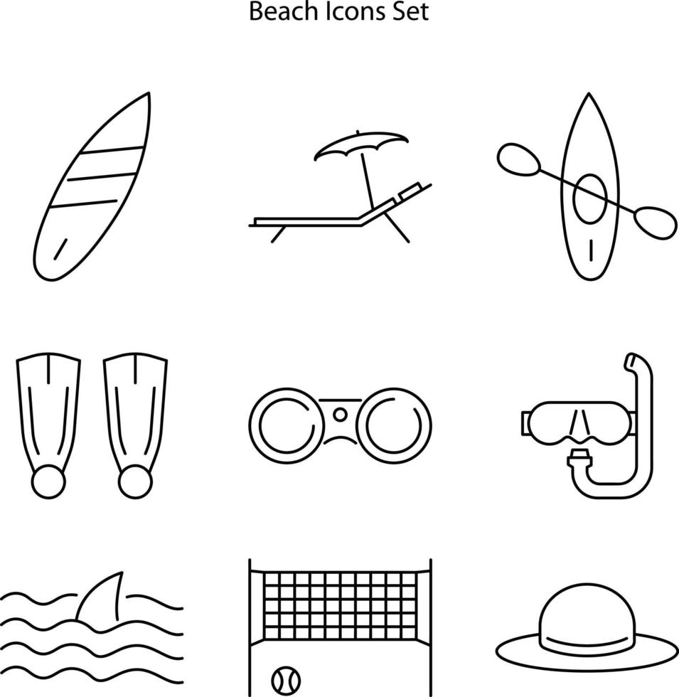 icone della spiaggia impostate isolate su sfondo bianco da. icona spiaggia linea sottile contorno spiaggia lineare simbolo per logo, web, app, ui. segno semplice dell'icona della spiaggia. vettore
