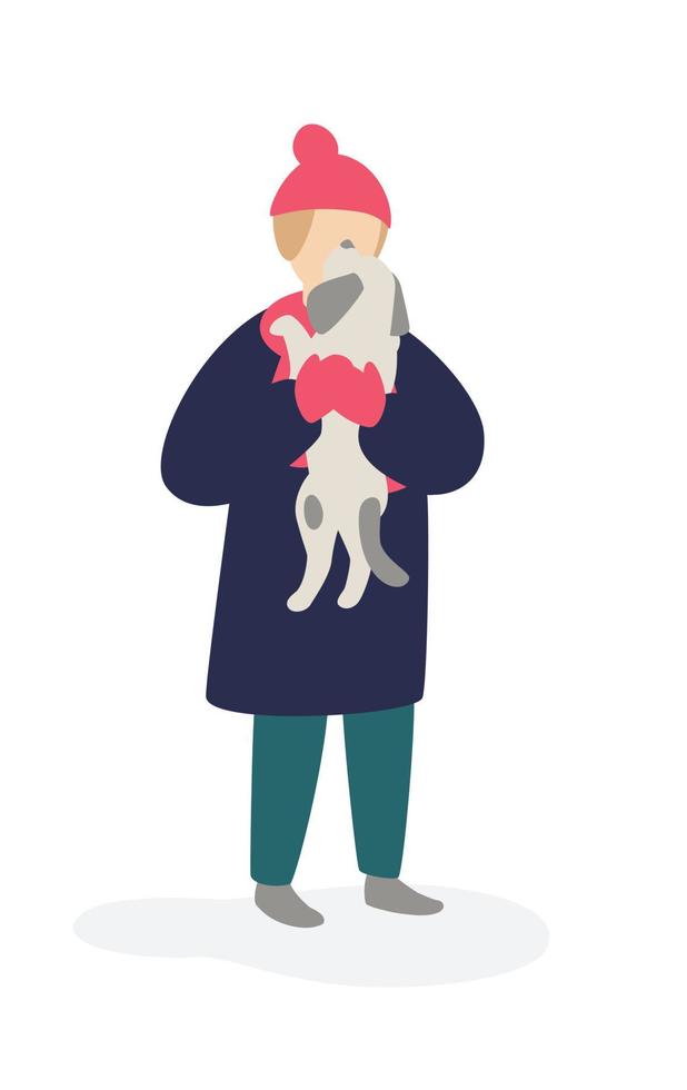 illustrazione di una ragazza che gioca con un cane. vettore. ragazza adolescente in un cappotto e cappello che tiene un cane. stile cartone animato piatto. animale domestico per una passeggiata. il rapporto tra uomo e animale. vettore