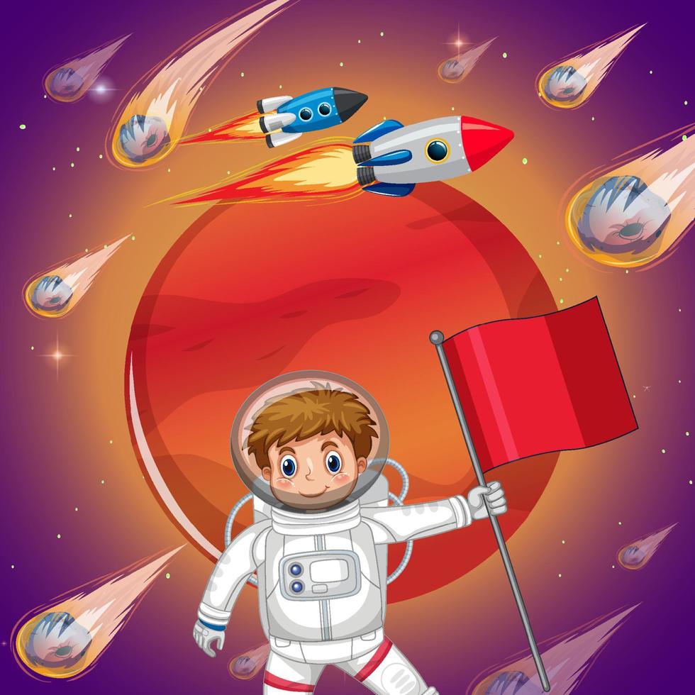 bambino astronauta nello spazio con il pianeta Marte e le comete vettore