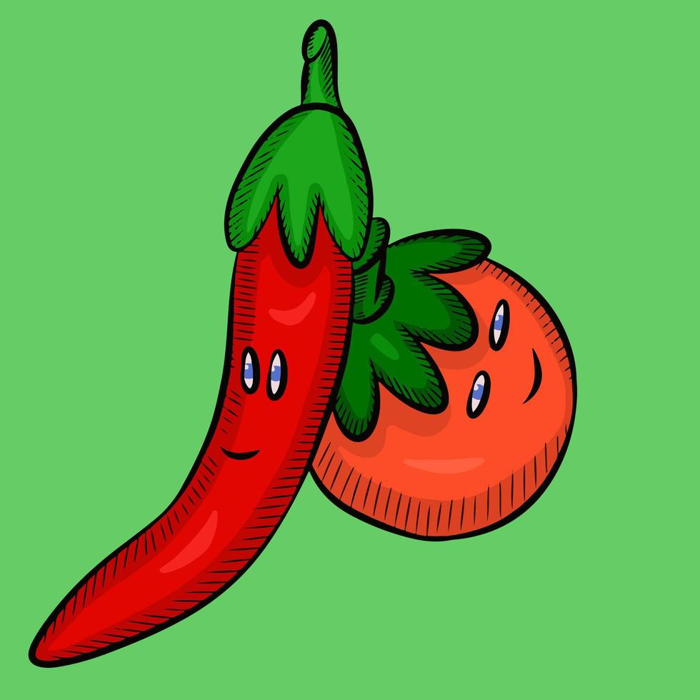 illustrazione grafica vettoriale di peperoncino e pomodoro per esigenze di progettazione o prodotti come libri per bambini e altri. semplice illustrazione piatta.