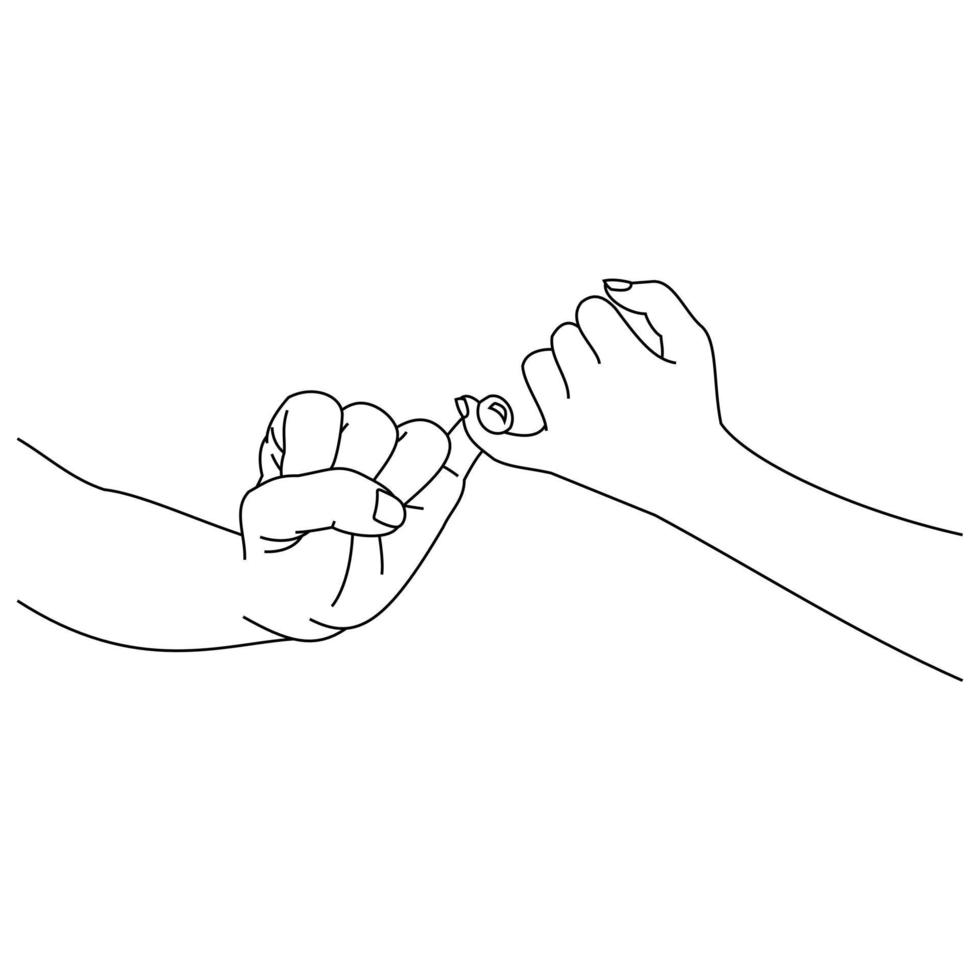 linea di illustrazione che disegna le mani che fanno una promessa come concetto di amicizia. coppia di innamorati che si tengono per mano. le mani di due persone uniscono le loro piccole dita. design mignolo per camicia o giacca vettore