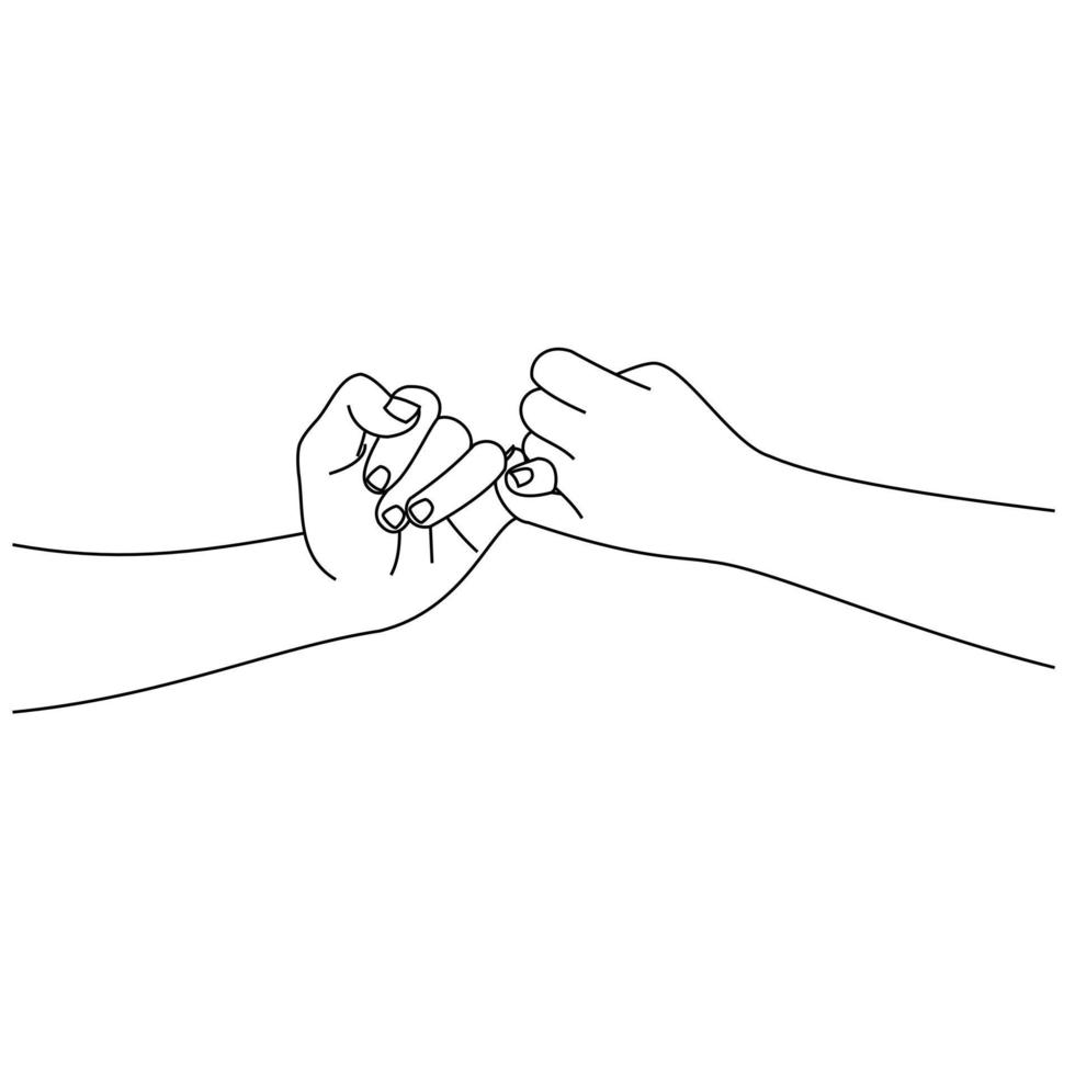 linea di illustrazione che disegna le mani che fanno una promessa come concetto di amicizia. coppia di innamorati che si tengono per mano. le mani di due persone uniscono le loro piccole dita. design mignolo per camicia o giacca vettore