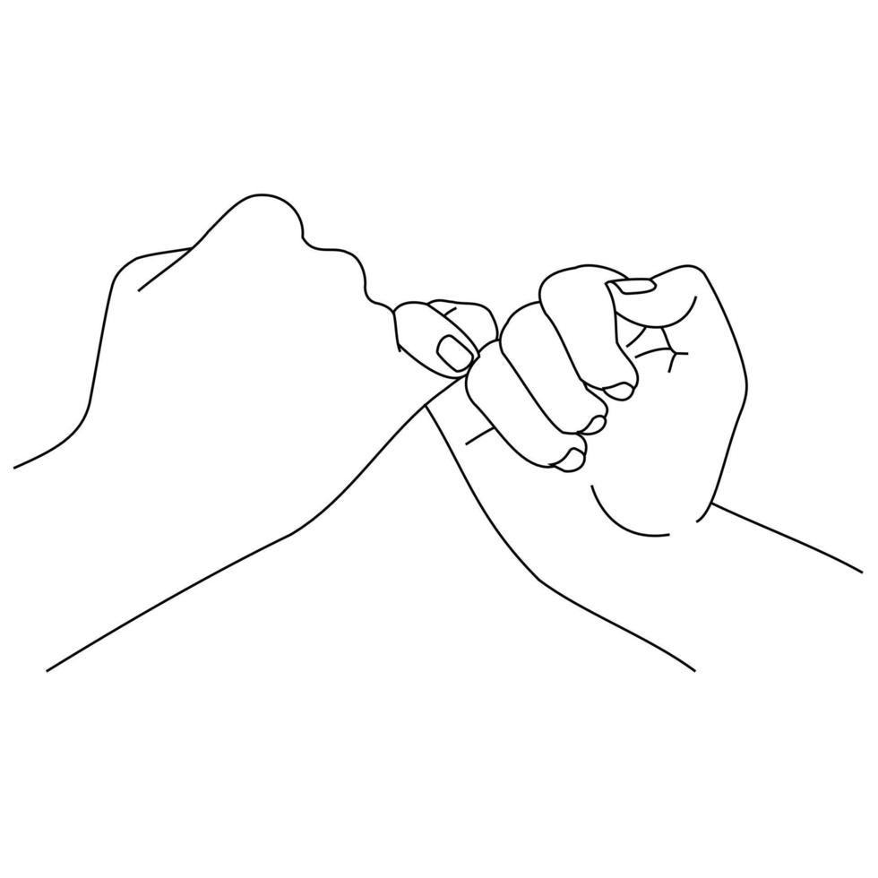 linea di illustrazione che disegna le mani che fanno una promessa come concetto di amicizia. coppia di innamorati che si tengono per mano. le mani di due persone uniscono le loro piccole dita. design mignolo per camicia o giacca vettore