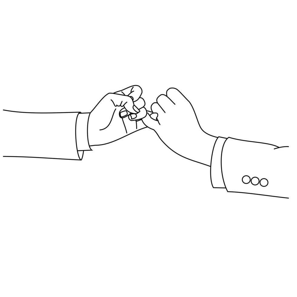 linea di illustrazione che disegna le mani che fanno una promessa come concetto di amicizia. coppia di innamorati che si tengono per mano. le mani di due persone uniscono le loro piccole dita. design mignolo per camicia o giacca vettore