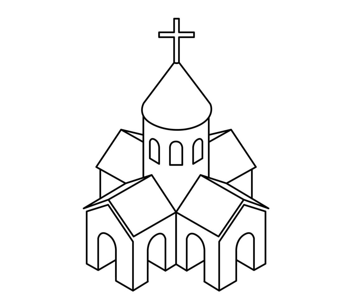 icona della chiesa di line art. delineare l'illustrazione vettoriale della chiesa in bianco e nero con una linea sottile nera isolata su sfondo bianco.