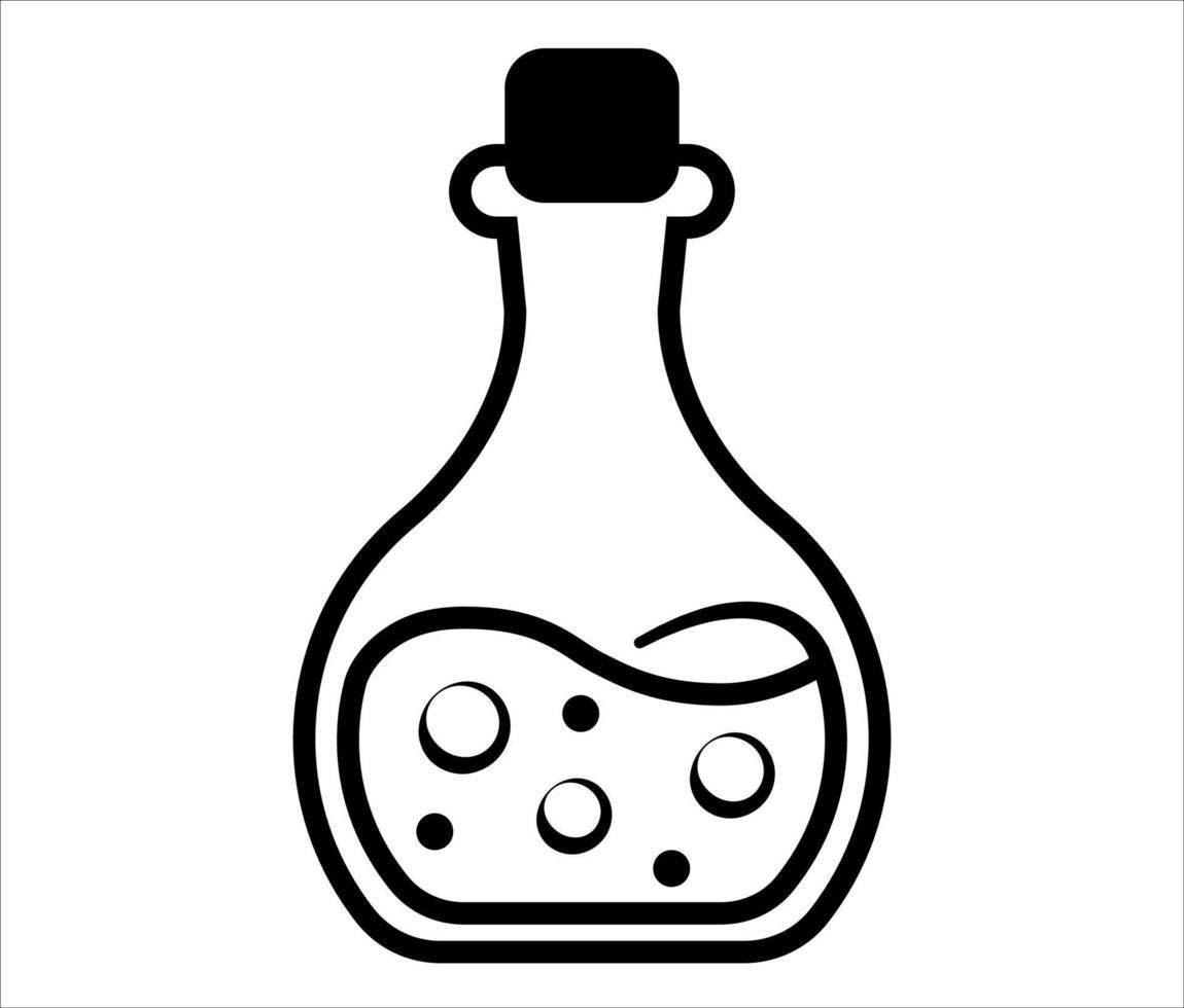 icona della pozione magica. bottiglia con illustrazione di contorno liquido. icona della linea vettoriale, liquido in bottiglia di vetro con bolle. simbolo dell'attrezzatura chimica di laboratorio. vettore