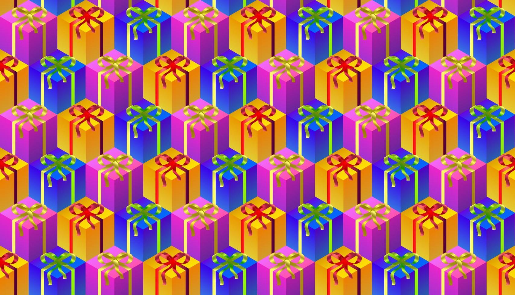 modello senza cuciture di scatole regalo colorate. scatole gialle blu e viola rendering 3d, ripetendo il modello senza cuciture. vettore