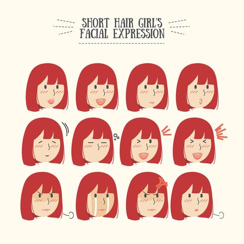 Carino capelli corti kawaii rossi con vari set di espressioni facciali vettore