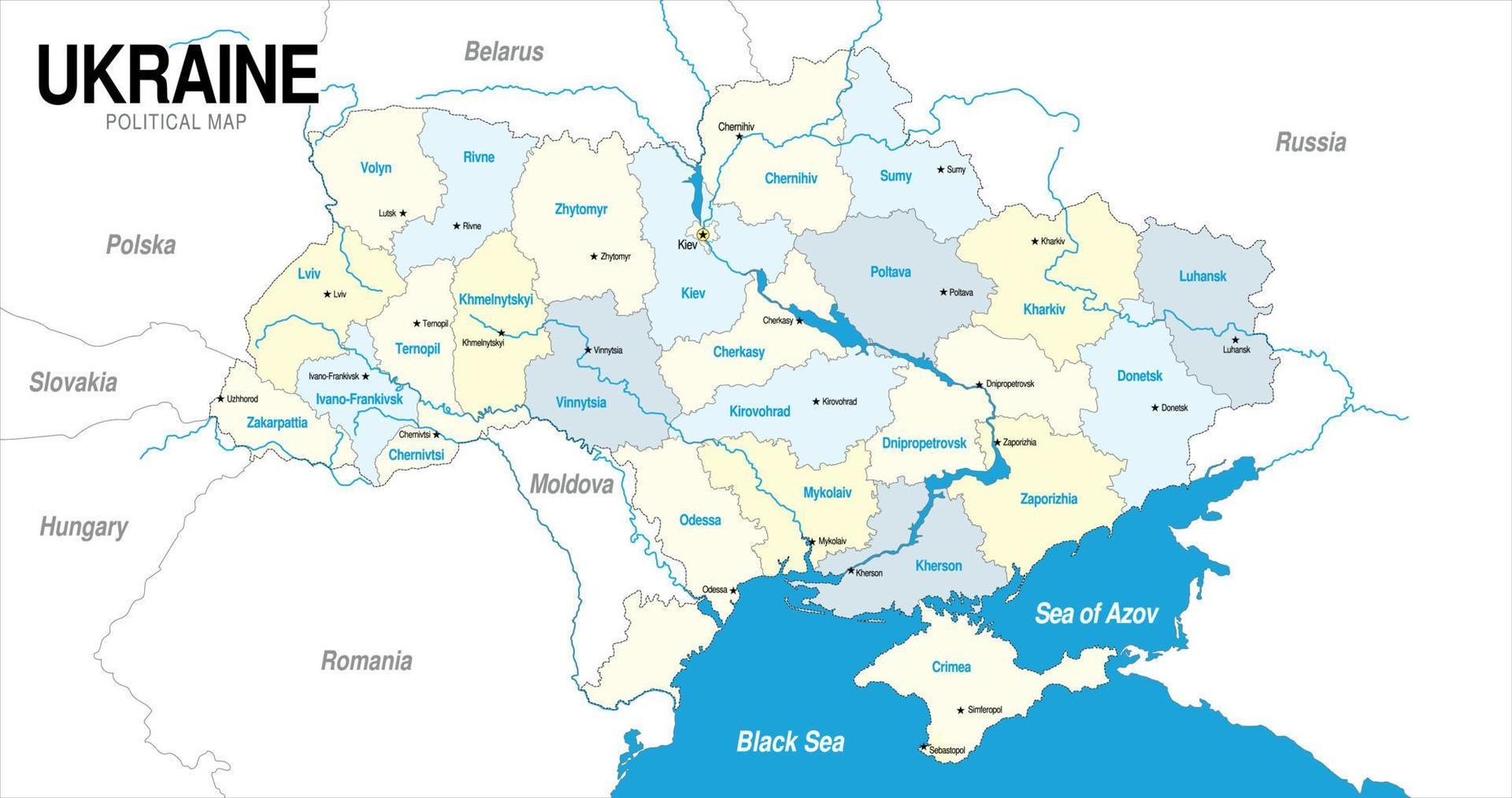 mappa politica dell'ucraina in blu e giallo vettore