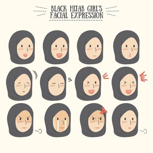 Cute Kawaii Black Hijab Girl con vari set di espressioni facciali vettore