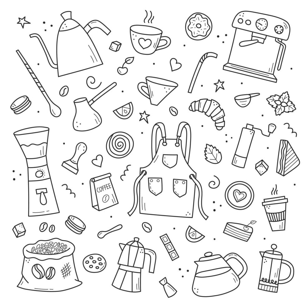 un insieme di elementi doodle disegnati a mano. pausa caffè e tè con torta, professione di barista vettore