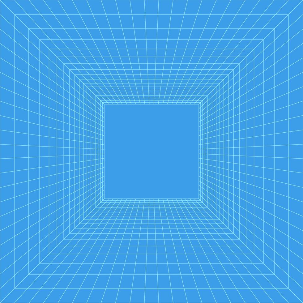 stanza della griglia in prospettiva, illustrazione vettoriale in stile 3d. wireframe per interni da linee blu, quadrato interno modello, scatola vuota digitale. design di sfondo minimo