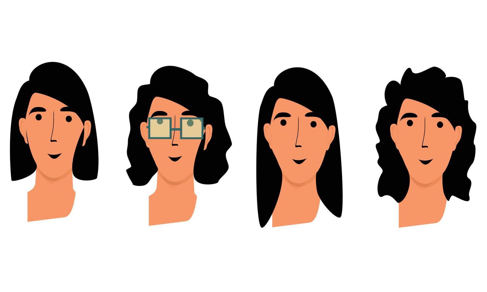 illustrazione del volto di una donna, con 4 caratteri diversi, per un modello, design piatto, icona, stile vettoriale