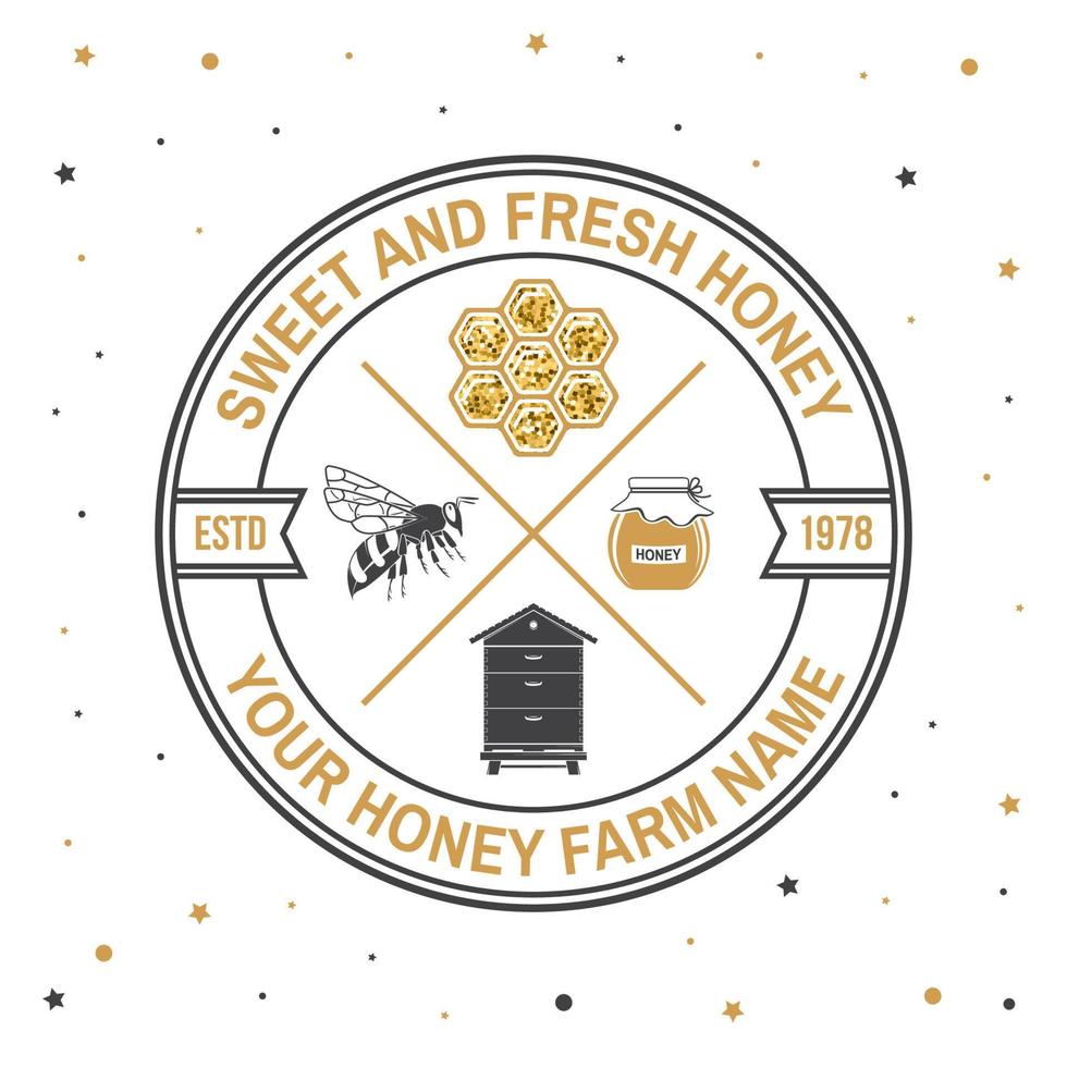 distintivo della fattoria del miele. vettore. concetto per camicia, stampa, francobollo o t-shirt. design tipografico vintage con silhouette di ape, alveare e miele. design retrò per l'azienda agricola delle api vettore