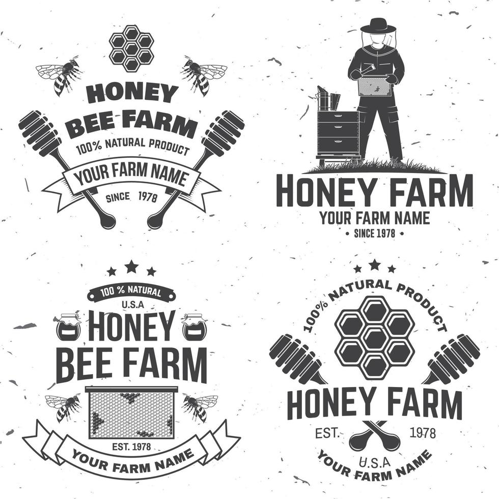 set di badge fattoria delle api. vettore. concetto per camicia, francobollo o t-shirt. design tipografico vintage con sagoma di ape, pezzo a nido d'ape, alveare e mestolo di miele. design per l'azienda agricola delle api vettore