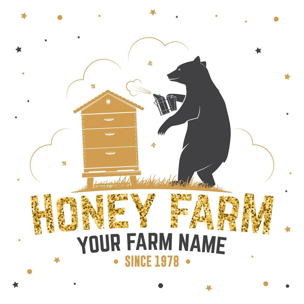 distintivo della fattoria delle api. vettore. concetto per camicia, stampa, francobollo o t-shirt. design tipografico vintage con silhouette di apicoltore di alveare e orso. design retrò per l'azienda agricola delle api vettore