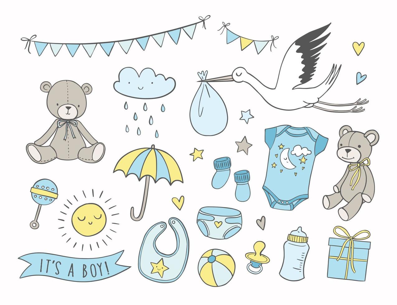 set di illustrazioni vettoriali per baby shower. elementi ed elementi del neonato disegnati a mano. inviti, biglietti, decorazioni per la scuola materna.