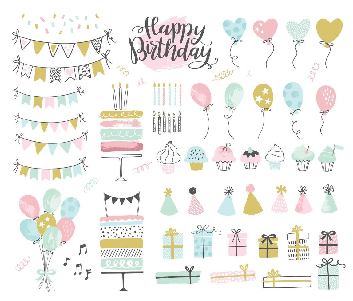 set di elementi di design per feste di compleanno. illustrazioni vettoriali. decorazione per feste, palloncini, confezione regalo, torta con candeline, coriandoli, cappellini da festa, cupcakes, striscioni bunting. vettore