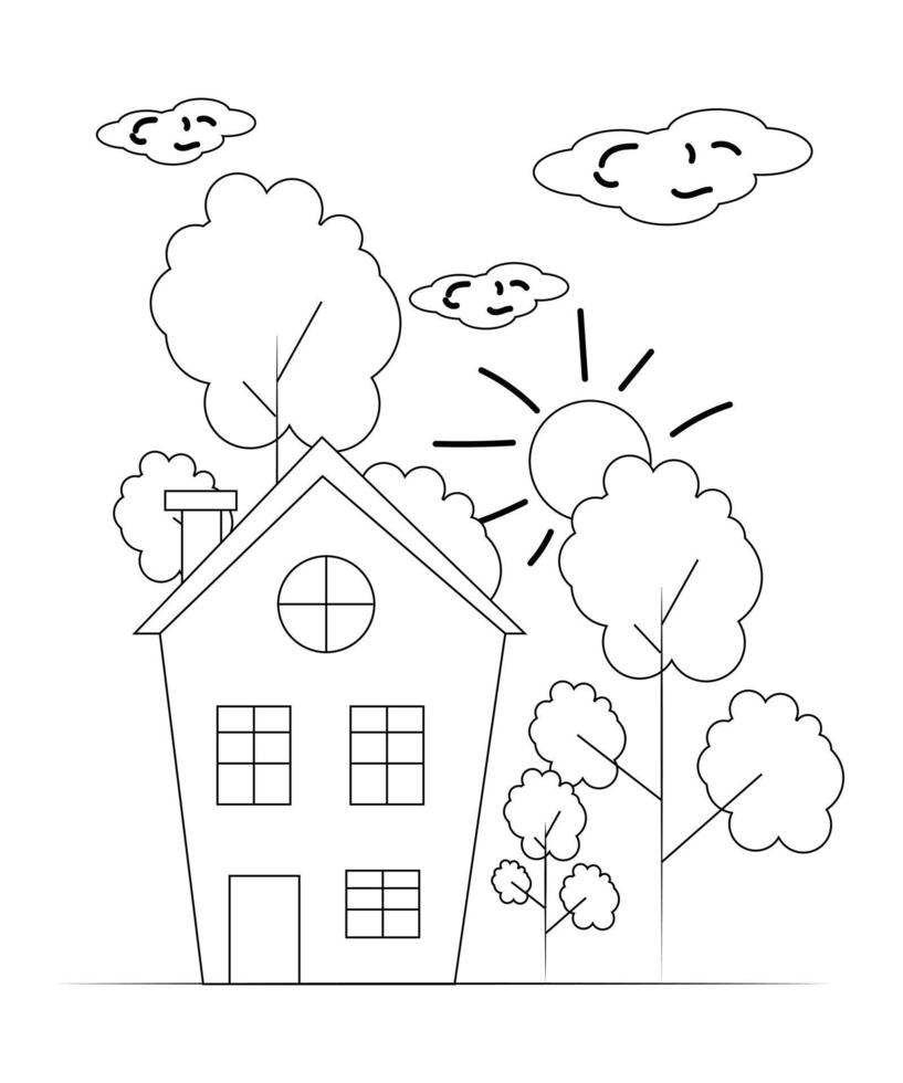 disegno della pagina da colorare della casa. design della pagina grafica per bambini. design incolore semplice linea arte. vettore