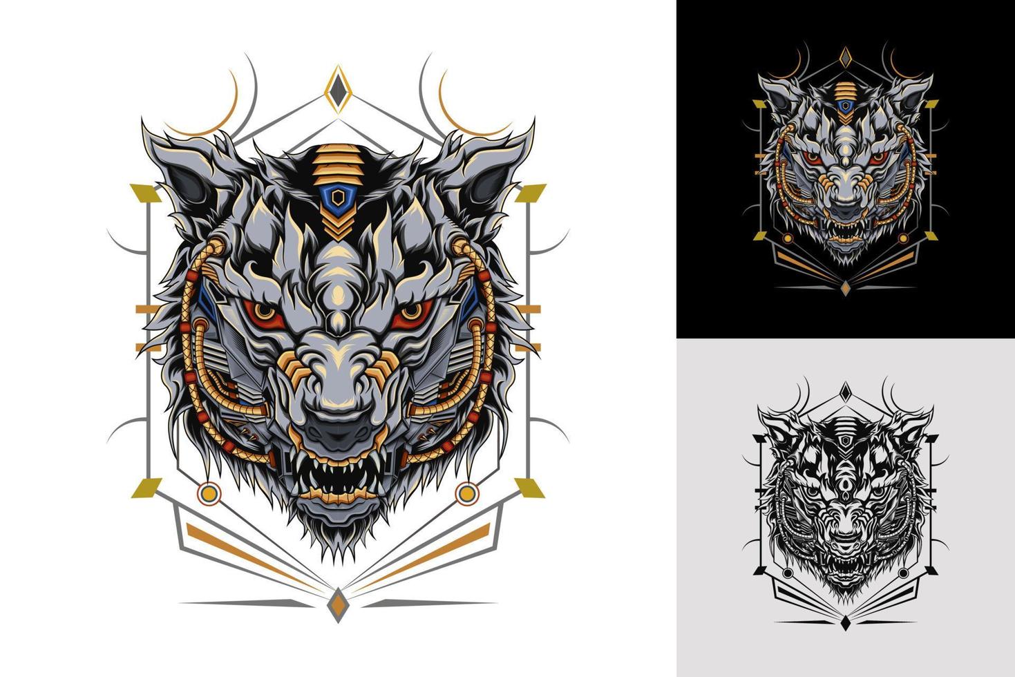 meccanico di lupi testa con sfondo ornamento. design per t-shirt, abbigliamento e decorazione. vettore