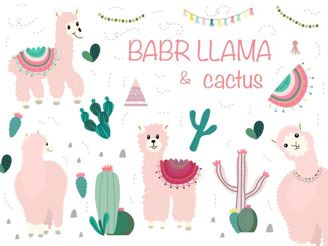 Llama and Cactus Clipart Bundle, No Drama Llamas Graphics Set. vettore
