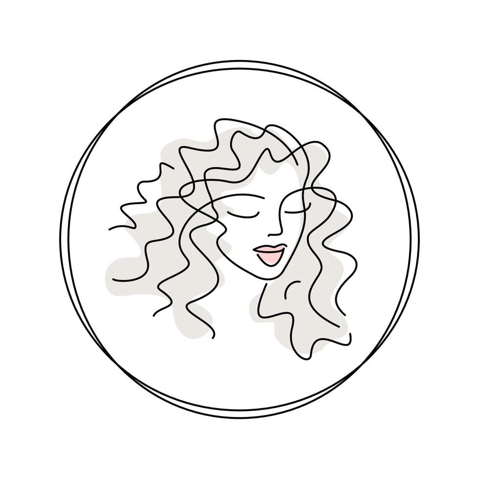 ragazza faccia - salone di bellezza logo vettoriale. volto femminile - linea continua sottile art. avatar - ciglia, labbra. acconciatura con stemma vettore