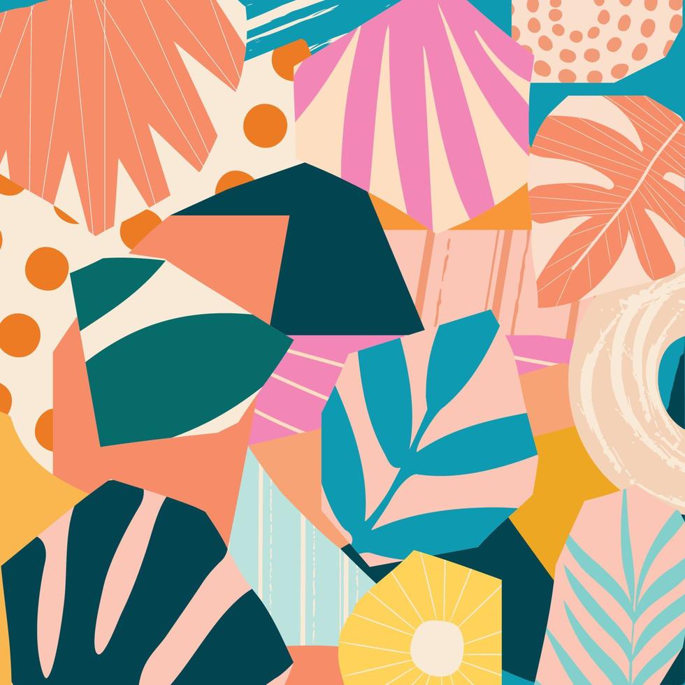 foglie e fiori tropicali colorati poster sfondo illustrazione vettoriale. piante esotiche, rami, fiori e foglie stampa artistica per prodotti di bellezza e naturali, spa e benessere, tessuti e moda vettore