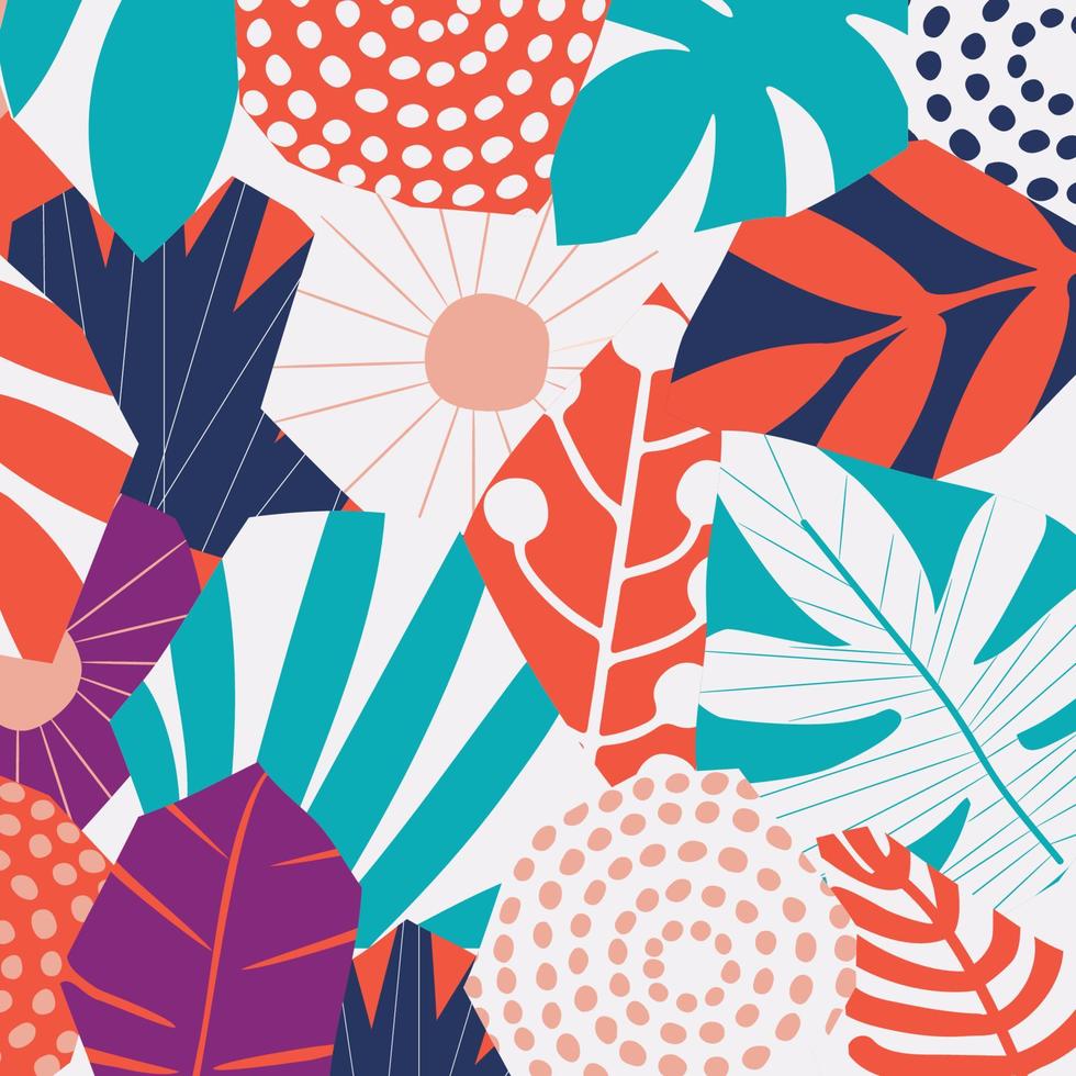 foglie e fiori tropicali colorati poster sfondo illustrazione vettoriale. piante esotiche, rami, fiori e foglie stampa artistica per prodotti di bellezza e naturali, spa e benessere, tessuti e moda vettore