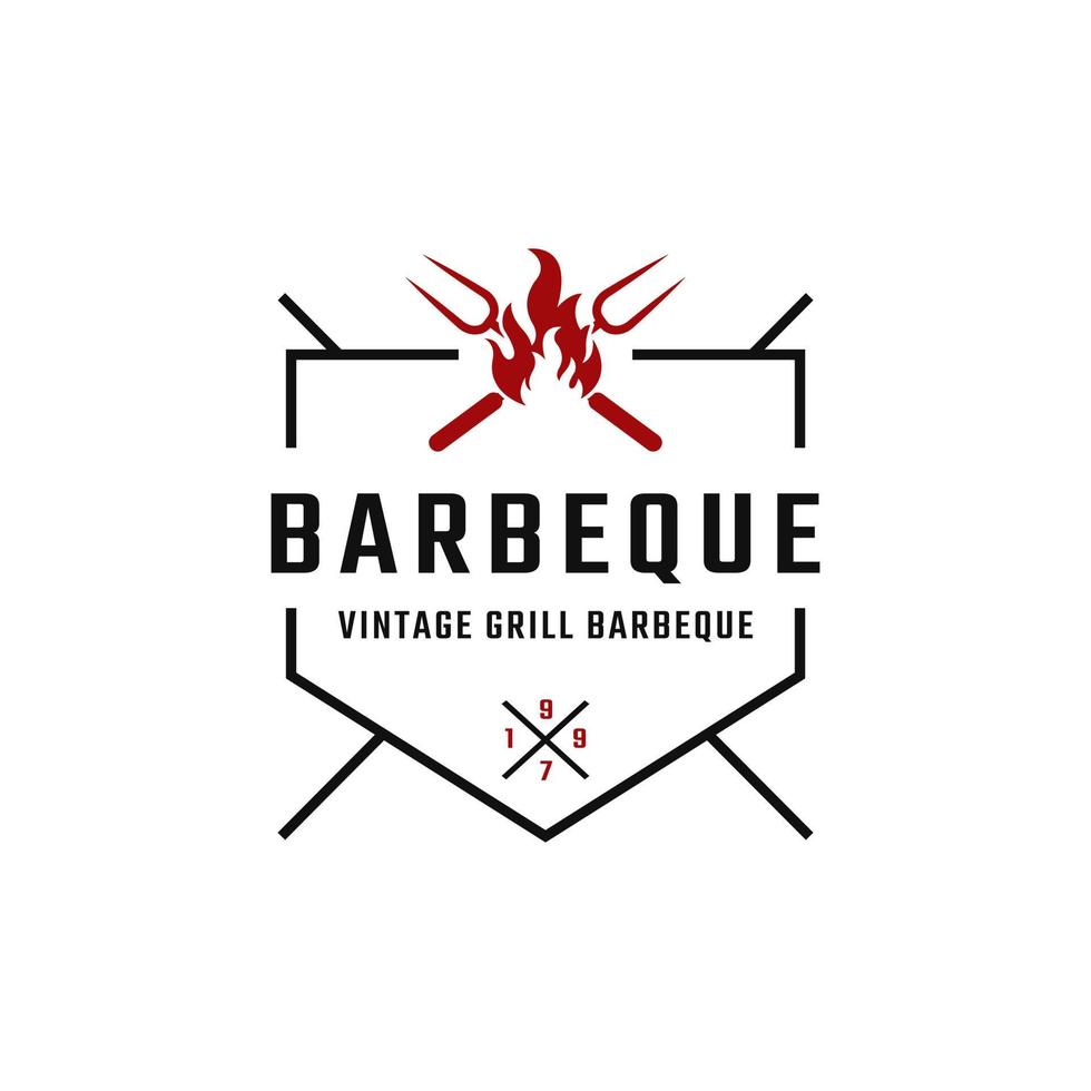 distintivo etichetta vintage retrò classico per barbecue barbecue barbecue con forchetta incrociata e ispirazione per il design del logo della fiamma del fuoco vettore