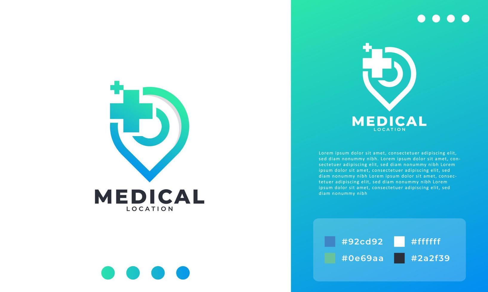 vettore di progettazione del logo della posizione medica, più icona con combinazione di logo mappa pin. adatto per il business e l'icona medica