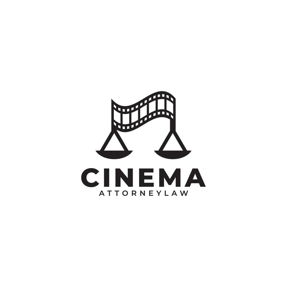 icona del cinema di diritto. design del logo della bobina del film con il modello del logo del pilastro dello studio legale vettore