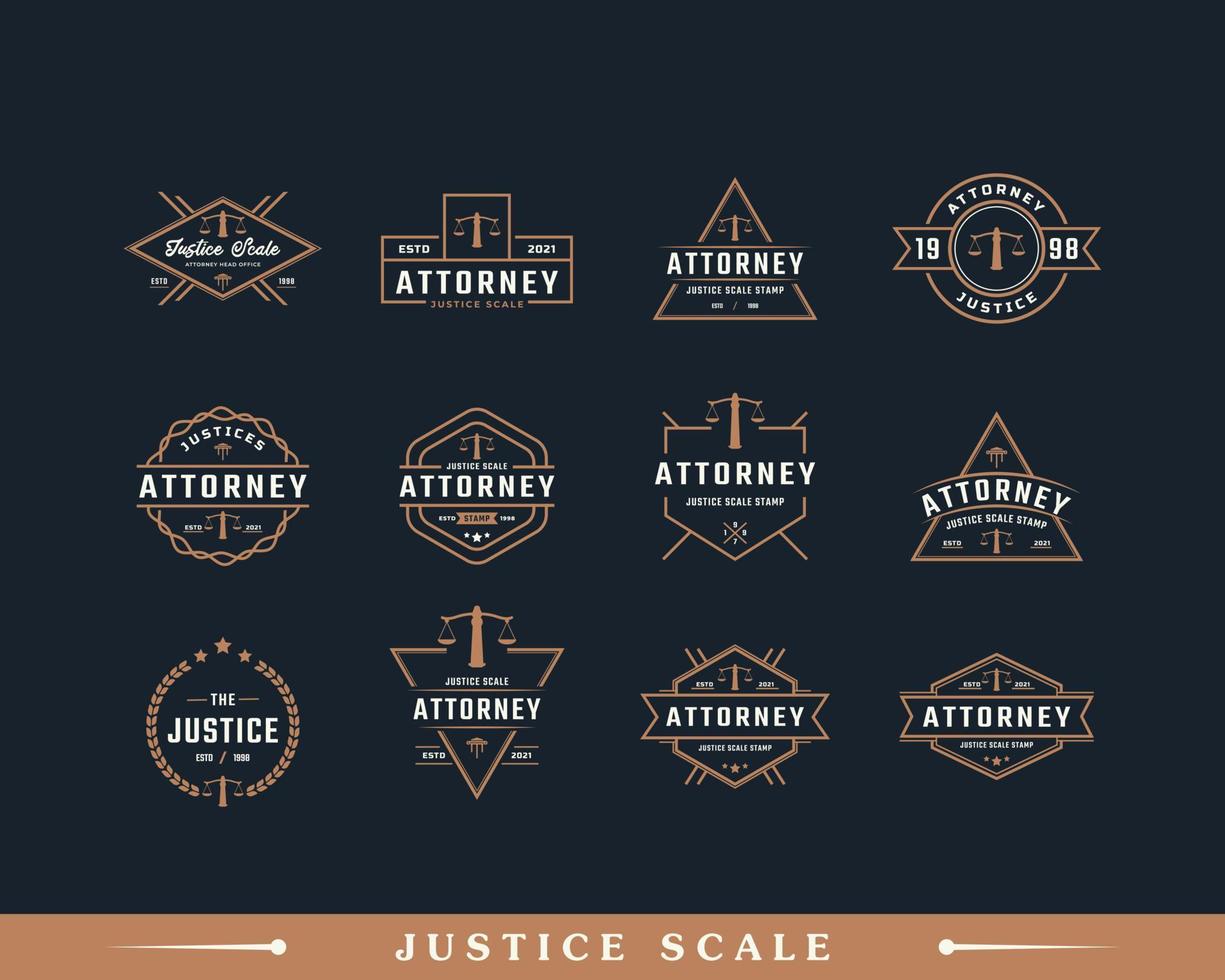 set di timbro rustico vintage retrò etichetta distintivo emblema scala della giustizia per ispirazione per il design del logo dell'avvocato vettore