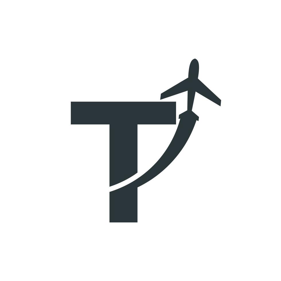 la lettera iniziale t viaggia con l'elemento del modello di progettazione del logo di volo dell'aeroplano vettore